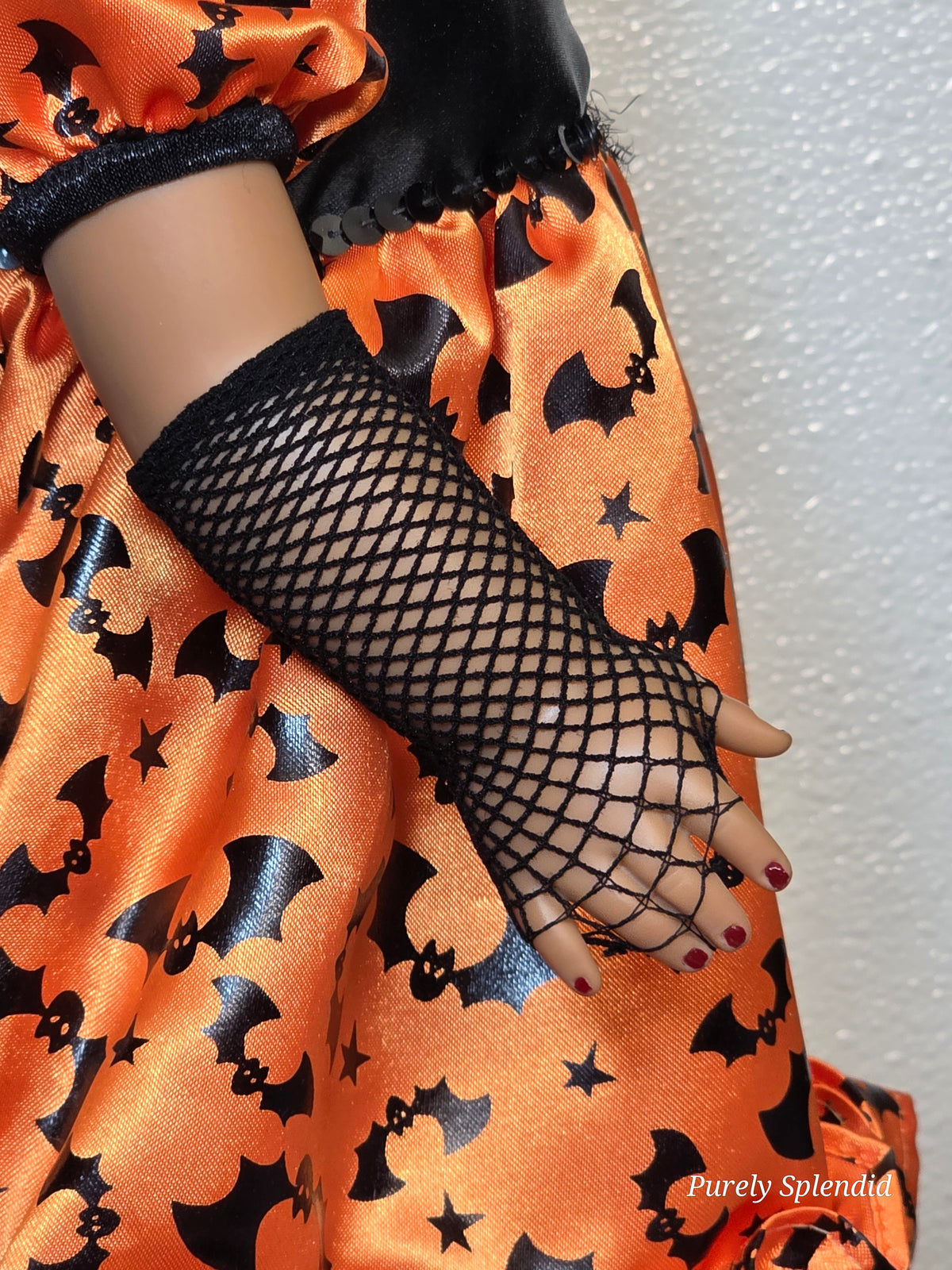 American made Black Fishnet Armlets worn over the fingers of an 18 inch girl doll / Purely Splendid