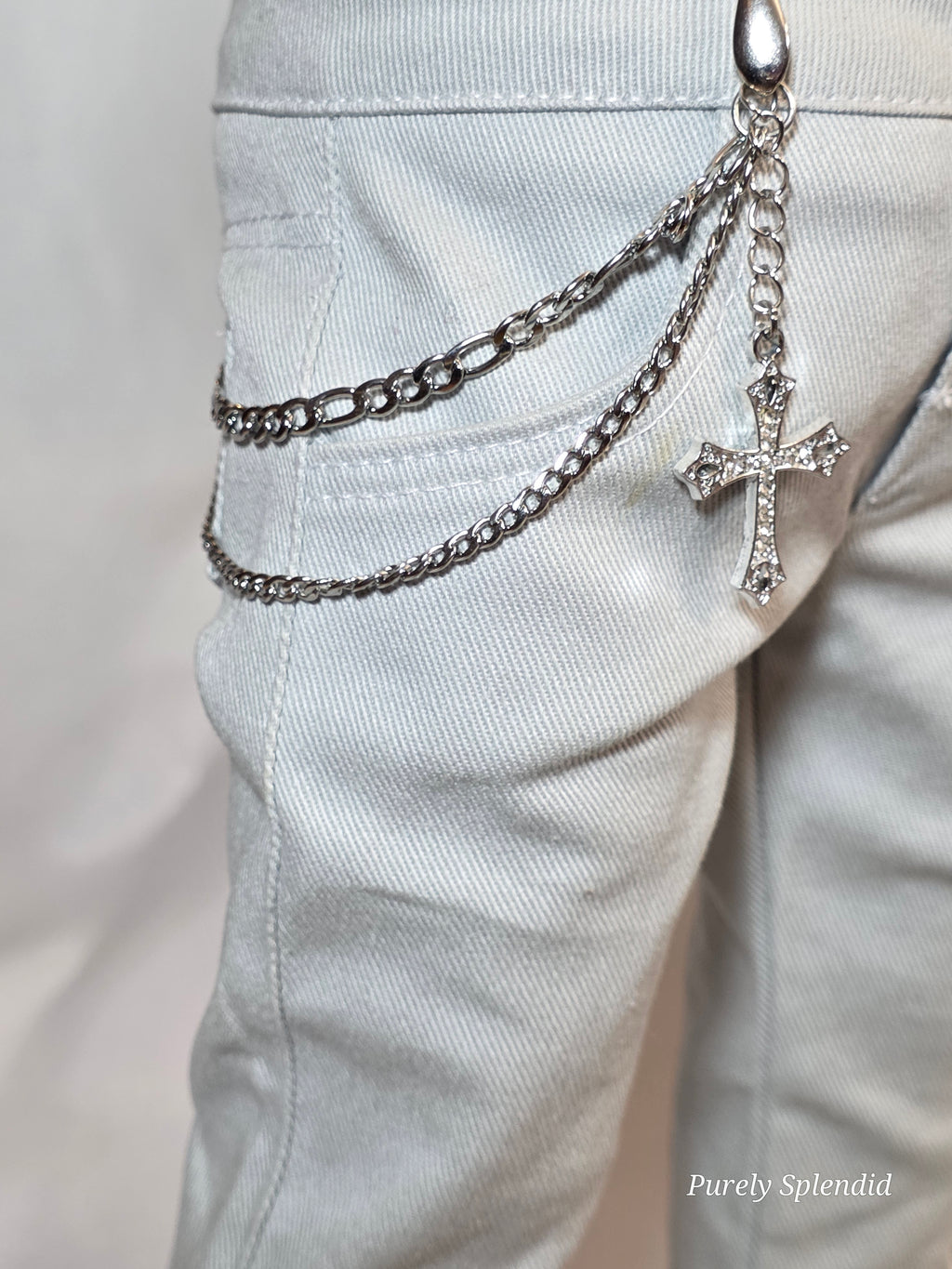 Silver layered waist chain cross on 18 inch doll jeans, street style accessory | Purely Splendid
