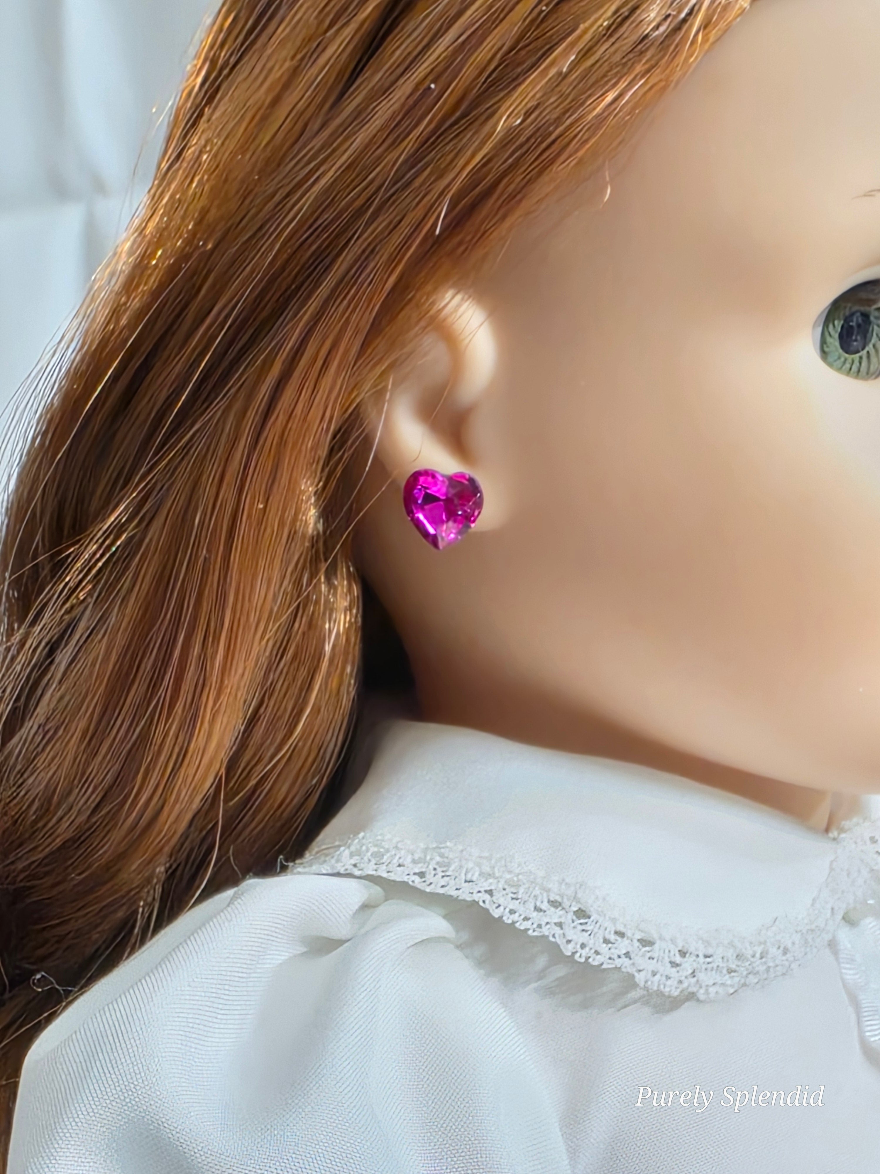 18 inch girl doll wearing a pair of Sparkling Heart Studs / American made / Purely Splendid