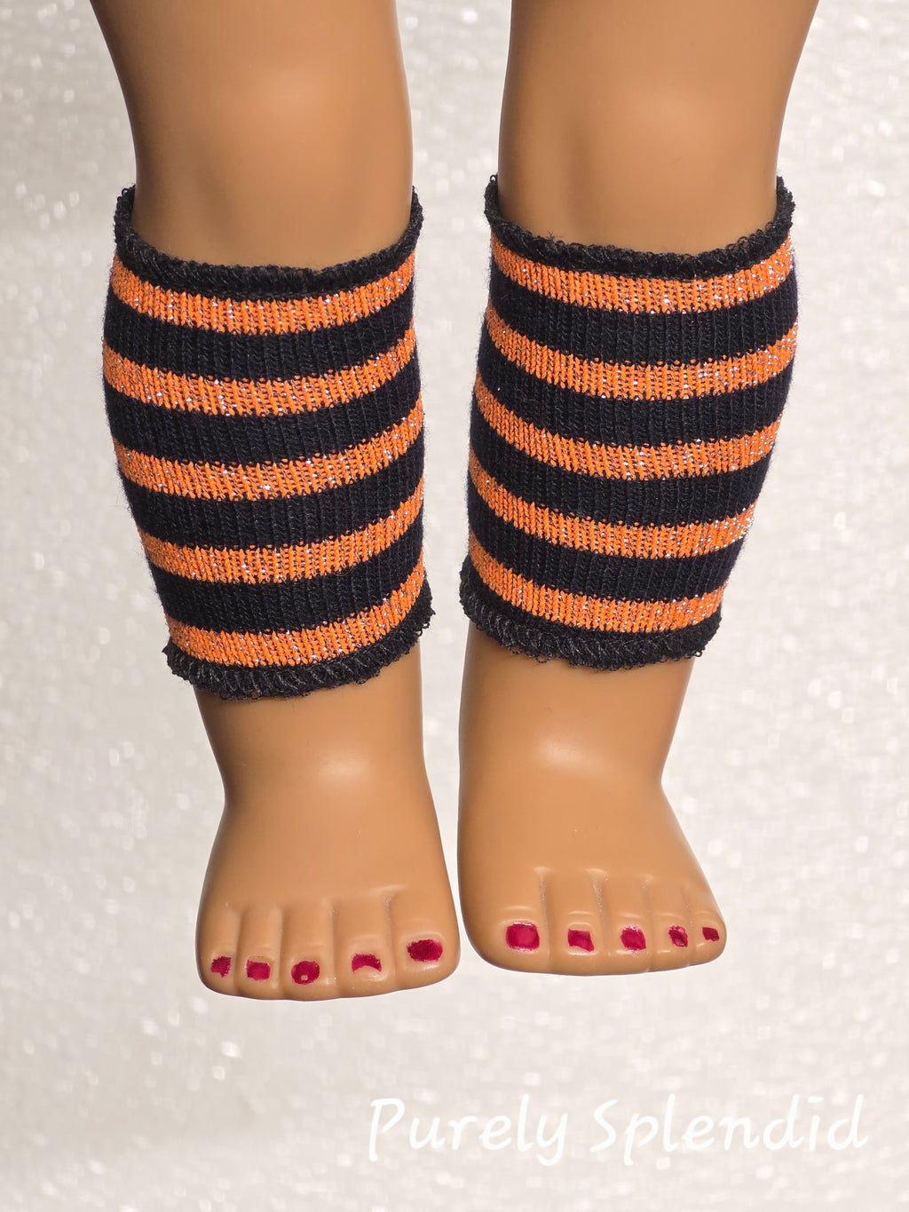 18 inch doll wearing a pair of Halloween armlets on her legs / American made / Purely Splendid