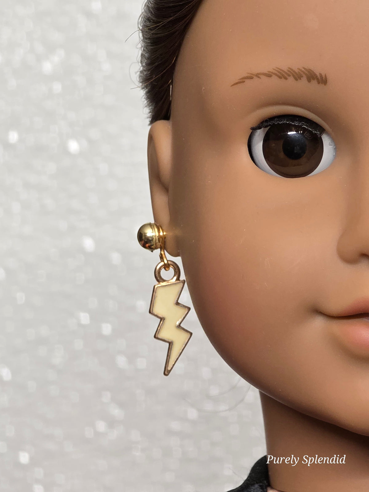 18 inch girl doll wearing a pair of Lightning Bolt Earrings and Small Gold Classic Studs / American made / Purely Splendid