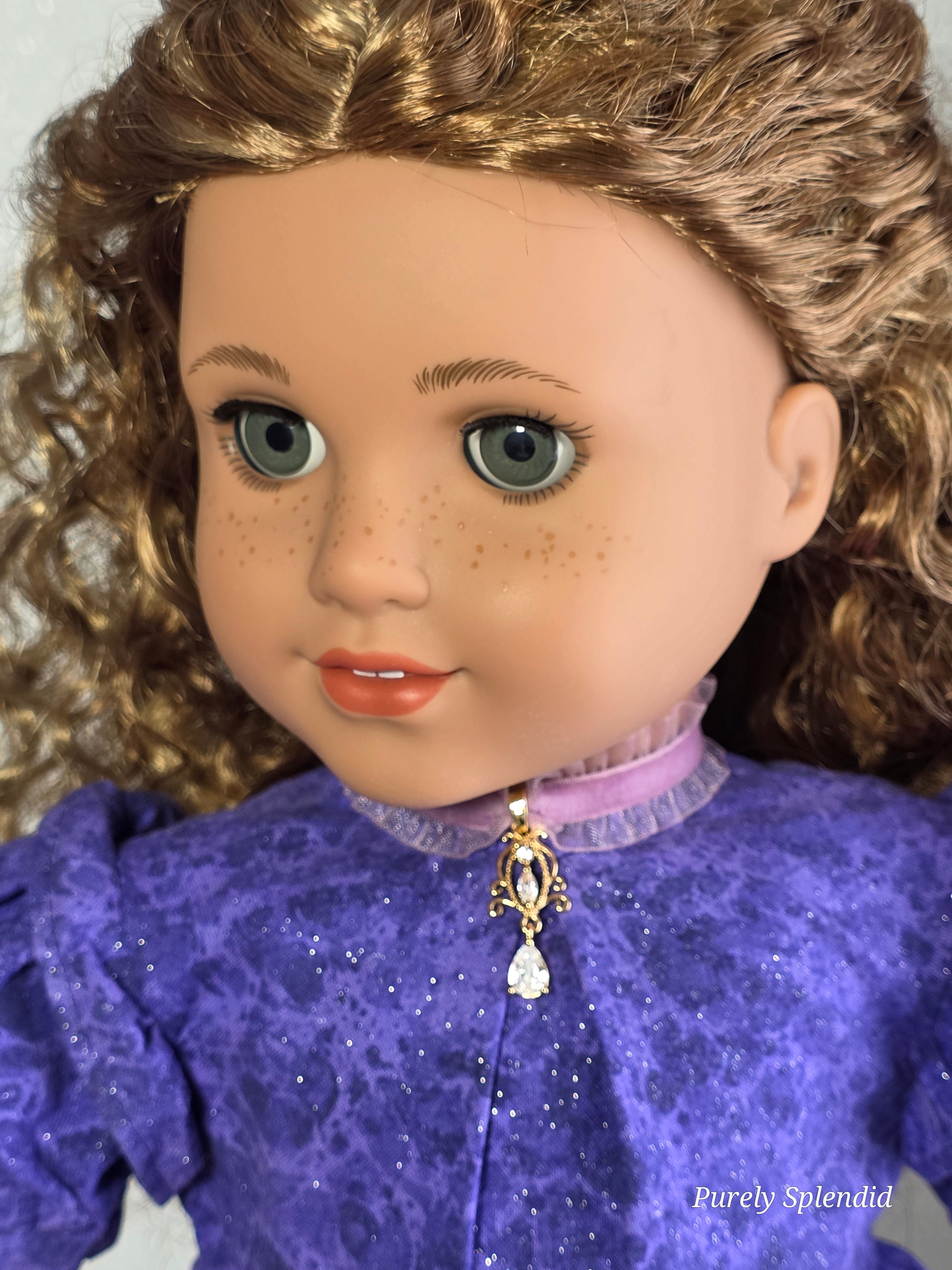 Detail view of purple velvet Rococo choker with crystal pendant worn by 18 inch girl doll | Purely Splendid
