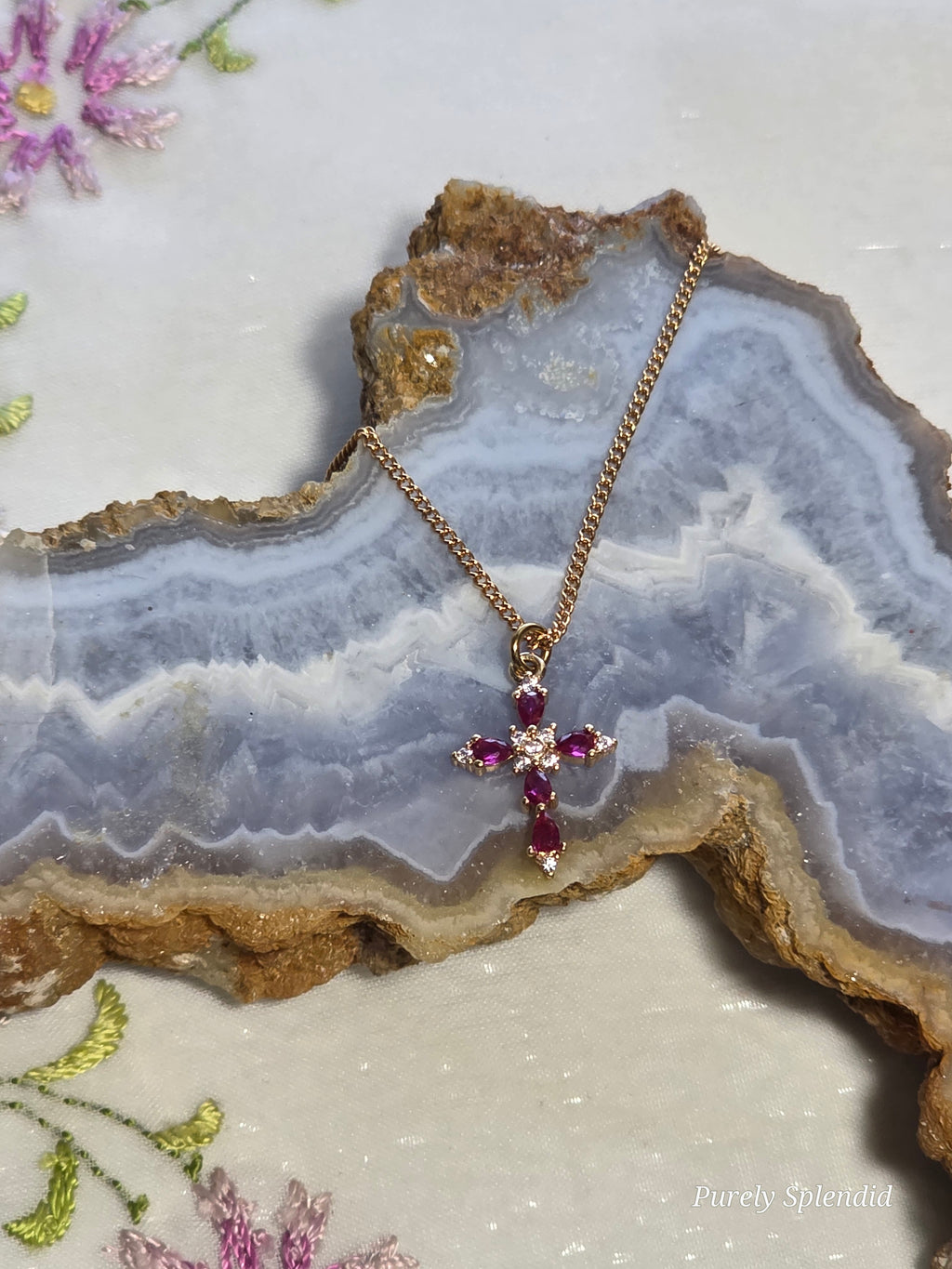  Red cranberry cross necklace on gold chain - sparkling crystal cross pendant for 18 inch dolls 