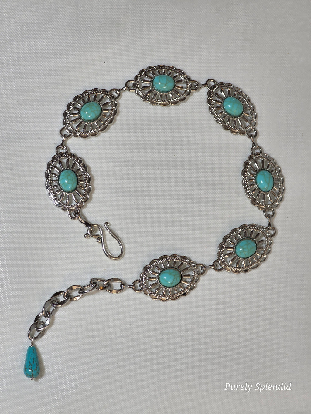 Turquoise concho Western belt with silver concho links, hook clasp, and adjustable chain for 18 inch girl doll, American made | Purely Splendid
