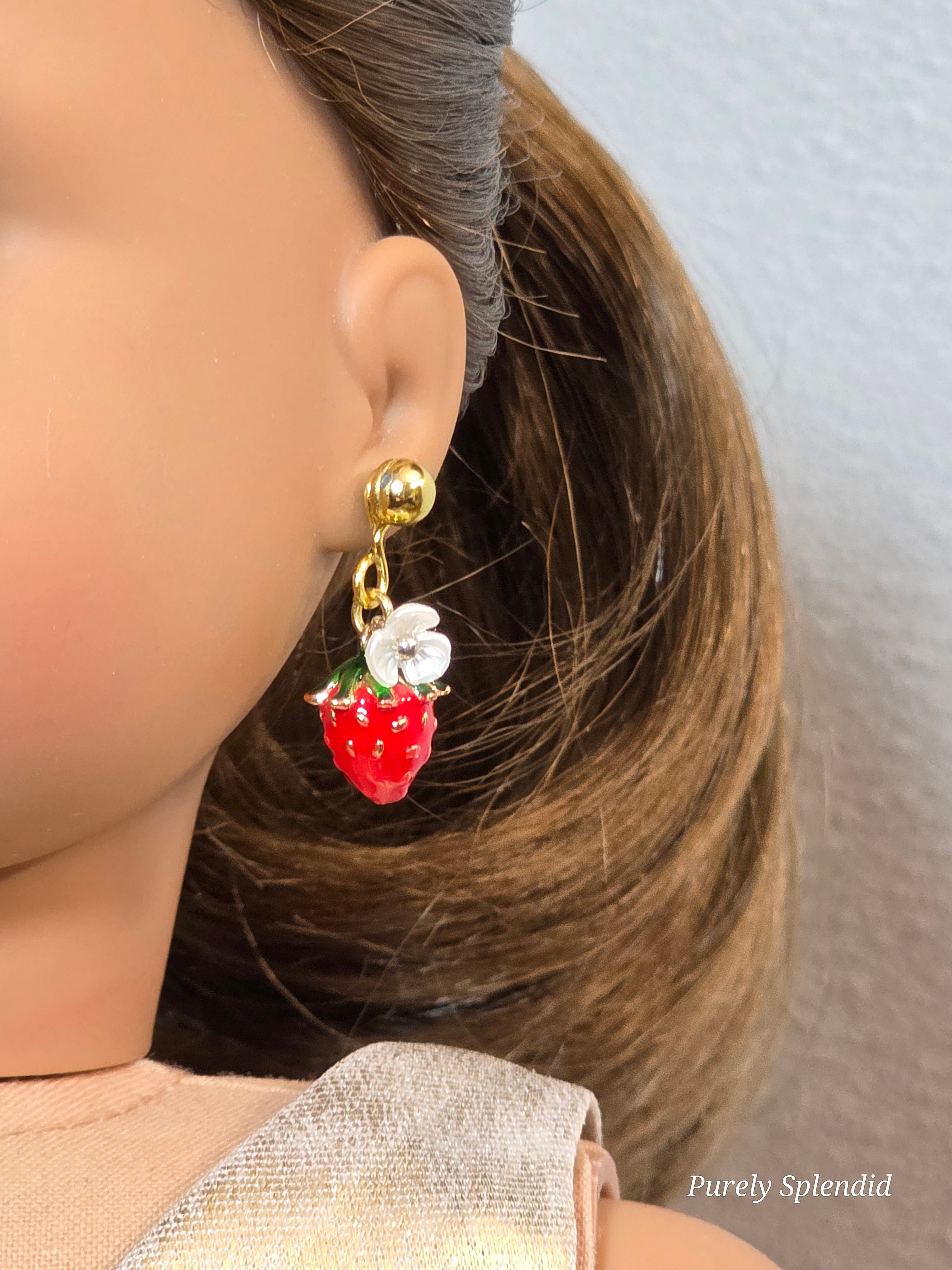 Red Strawberry Earrings with white flower worn by an 18 inch girl doll / American made / Purely Splendid