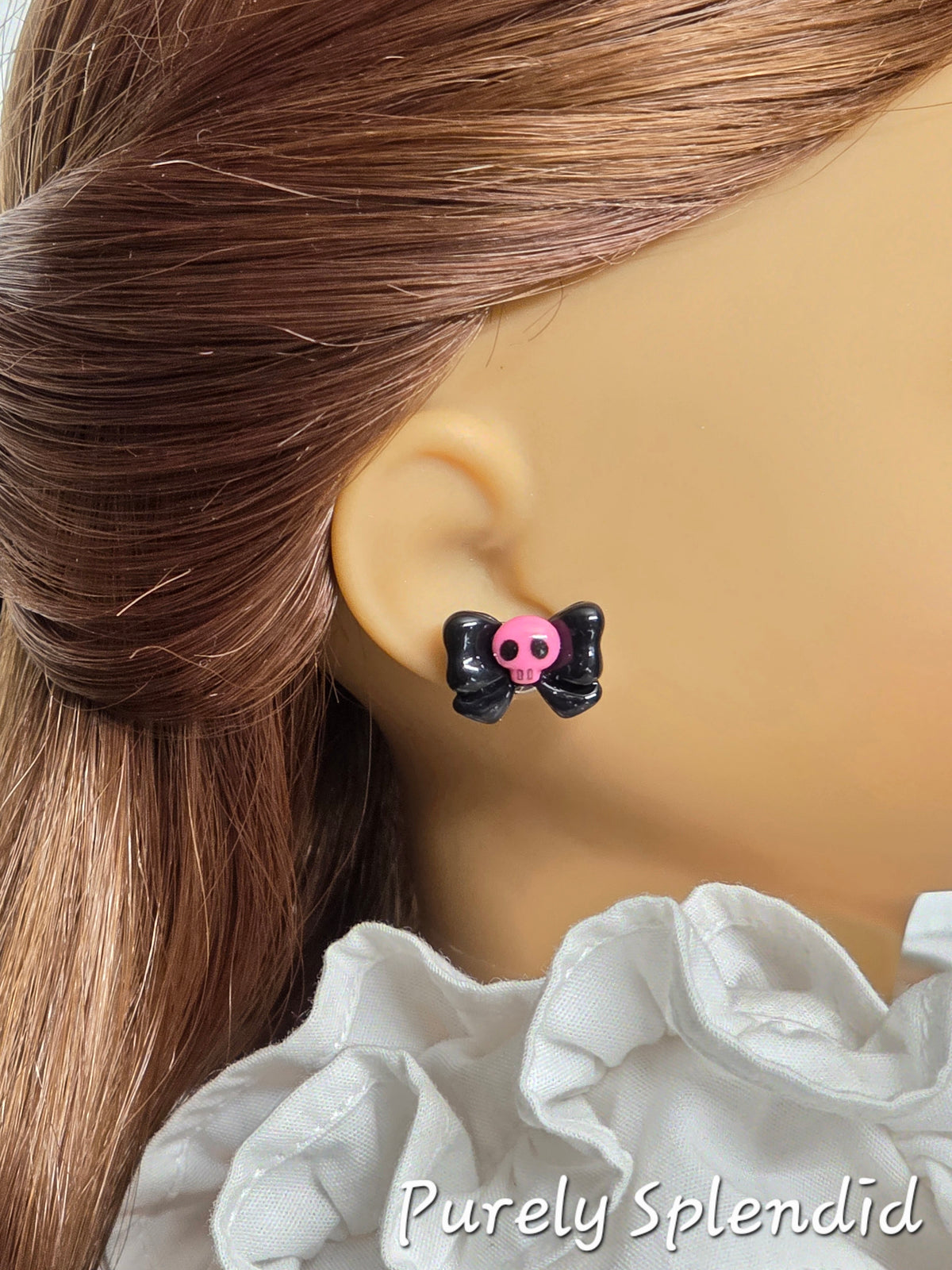 18 inch girl doll wearing Pink Skull Stud Earrings /American made / Purely Splendid