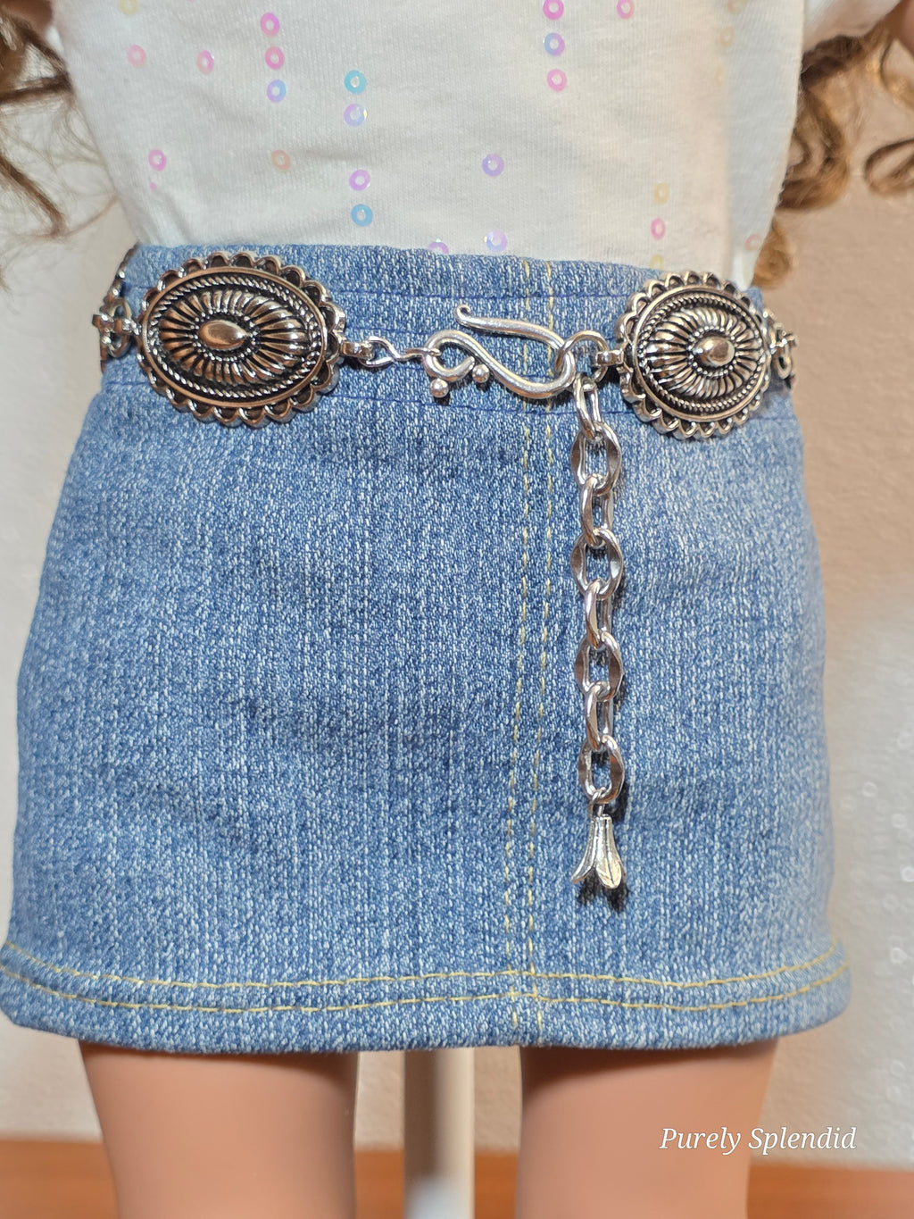 Silver concho Western belt worn by an 18 inch girl doll, American made | Purely Splendid
