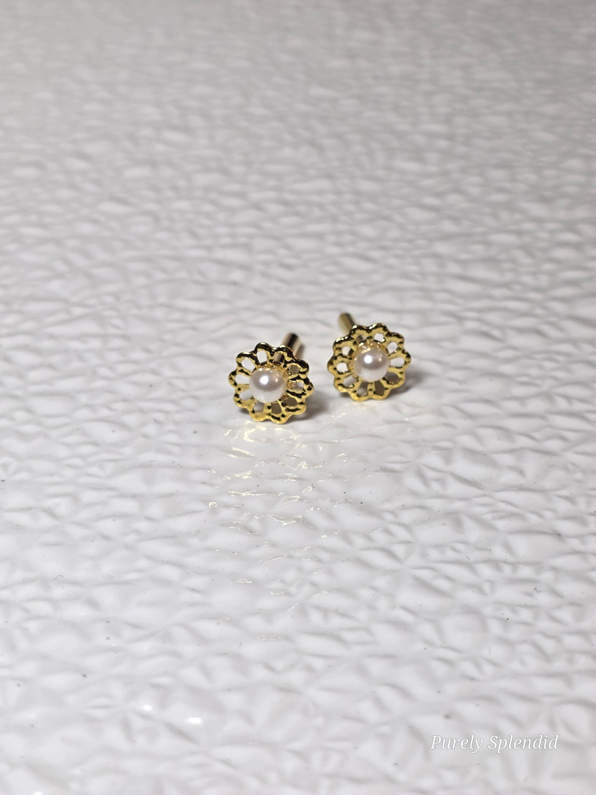 Pair of Gold and Pearl Flower 2mm Stud Earrings / American made / Purely Splendid