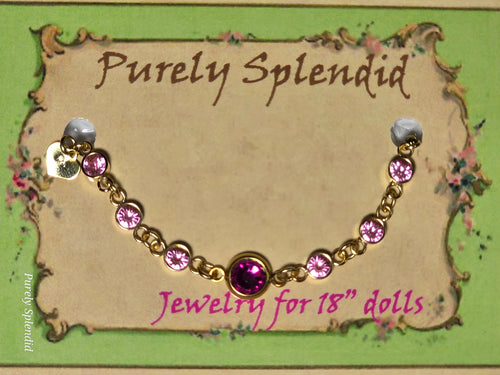 Custom gold rhinestone bracelet with dark pink center and light pink stones for 18 inch girl dolls / Purely Splendid
