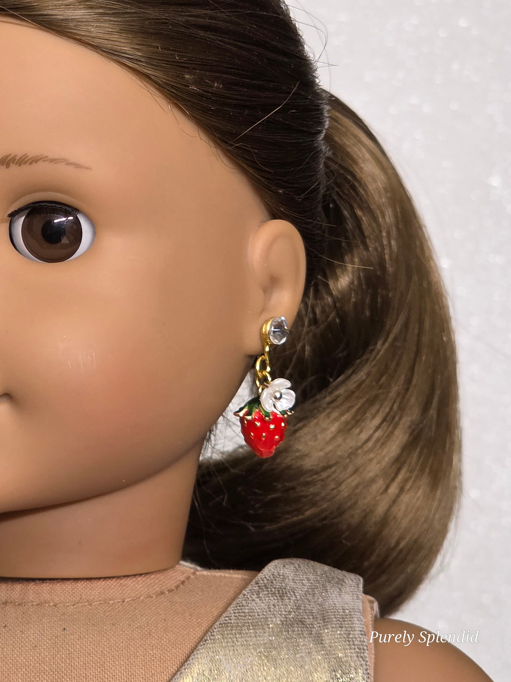 Red Strawberry Earrings with white flower worn by an 18 inch girl doll / American made / Purely Splendid