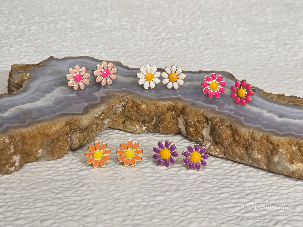 Pretty Daisy 2mm Stud Earrings available in 5 colors, Light Pink, White, Dark Pink, Orange and Purple. American made / Purely Splendid