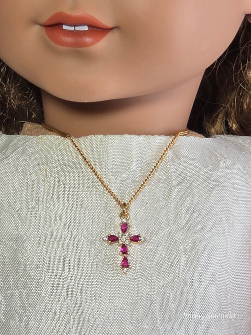 Cranberry cross pendant necklace for 18 inch girl dolls - gold chain with red crystal cross American made / Purely Splendid
