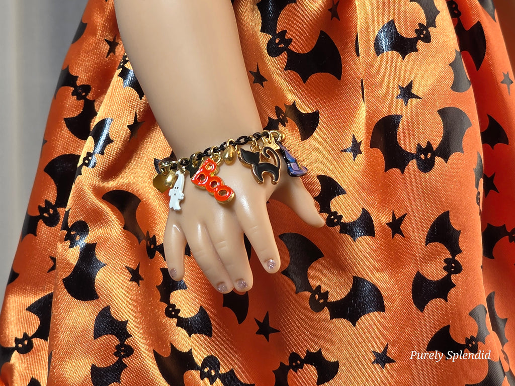 18 inch doll charm bracelet with the word BOO, black cat and ghost charms