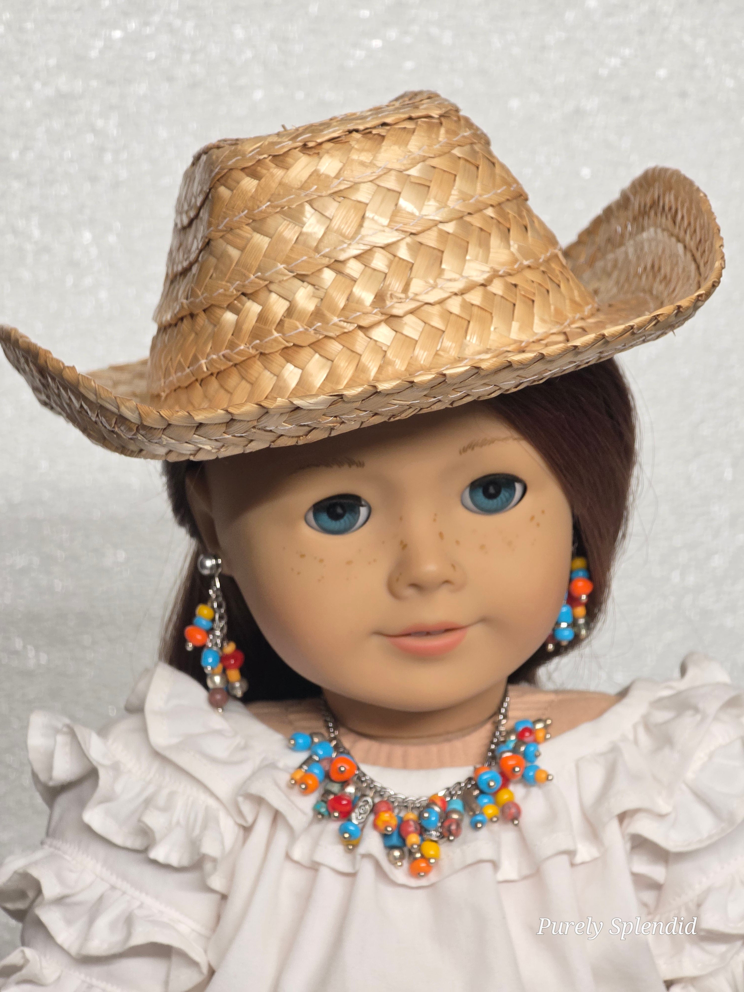 18 inch girl doll wearing a colorful beaded Tribal Necklace with matching Earrings and silver 2mm studs. American made / Purely Splendid