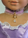 American made frilly light purple velvet Rococo choker necklace with sparkling center pendant and crystal dangle for 18 inch girl dolls | Purely Splendid

