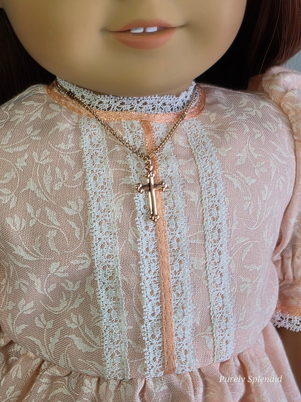 American made rose gold cross necklace on delicate chain for 18 inch girl dolls | Purely Splendid
