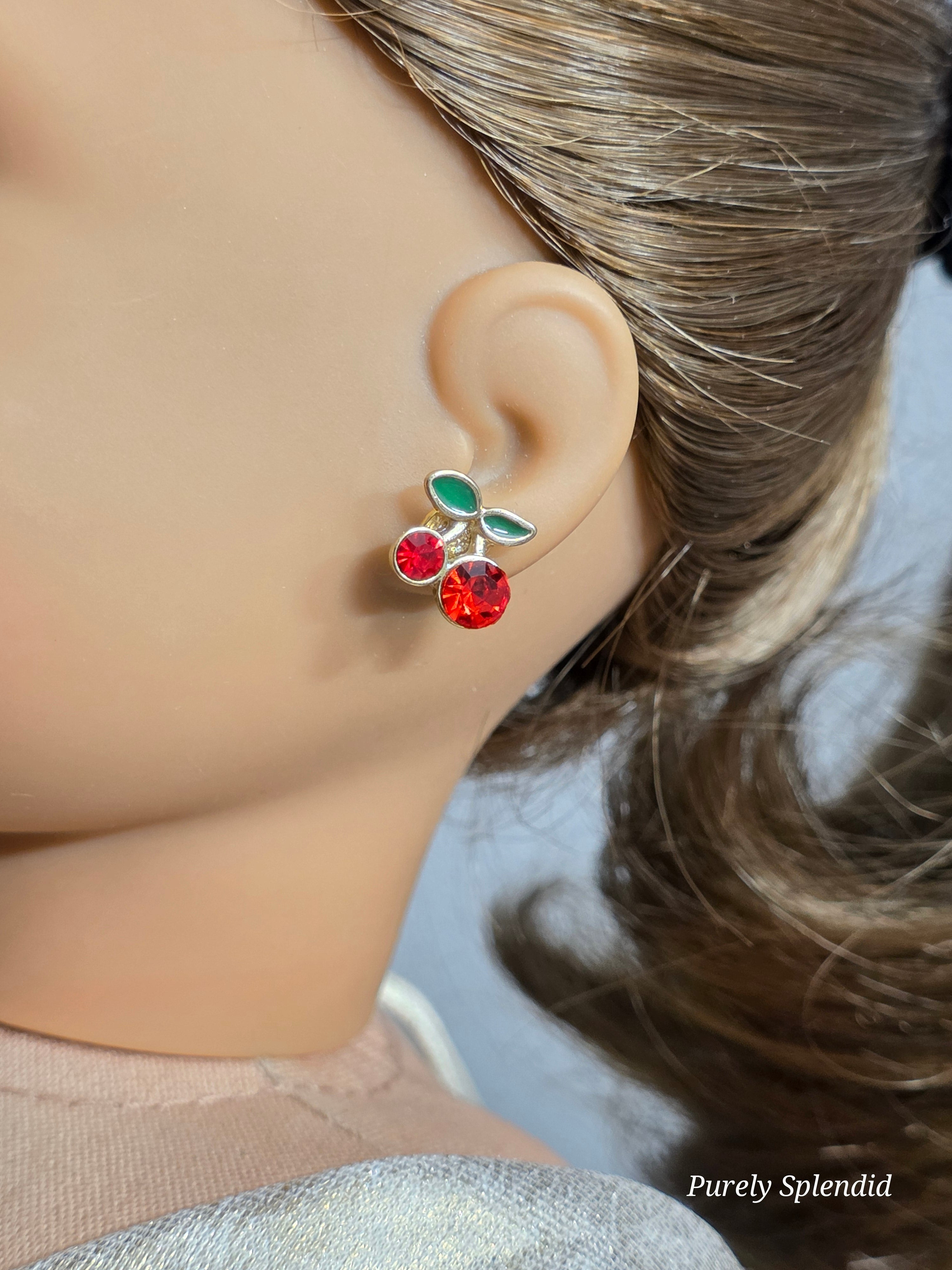 American made Sparkling Cherry Studs worn by an 18 inch girl doll / Purely Splendid