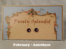 Load image into Gallery viewer, a pair of February Birthstone Amethyst Studs on a display card
