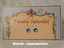 Load image into Gallery viewer, a pair of March Birthstone Aquamarine Studs on a display card
