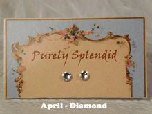 Load image into Gallery viewer, a pair of April Birthstone Diamond Studs on a display card
