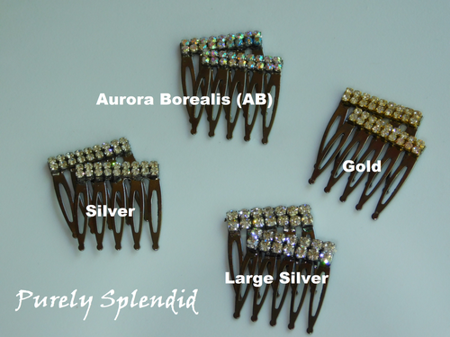 set of two silver hair combs with two rows of rhinestones-available in the following colors Aurora Borealis, Gold, Silver and Large Silver