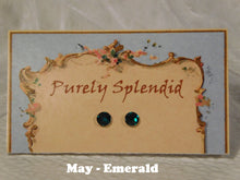 Load image into Gallery viewer, a pair of May Birthstone Emerald Studs on a display card
