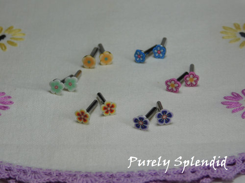 Six pairs of colorful Flower Studs for dolls