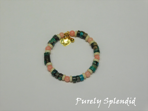 stone beads in green, brown, off white and coral make up this Beachy Stacking Bracelet for 18 inch dolls
