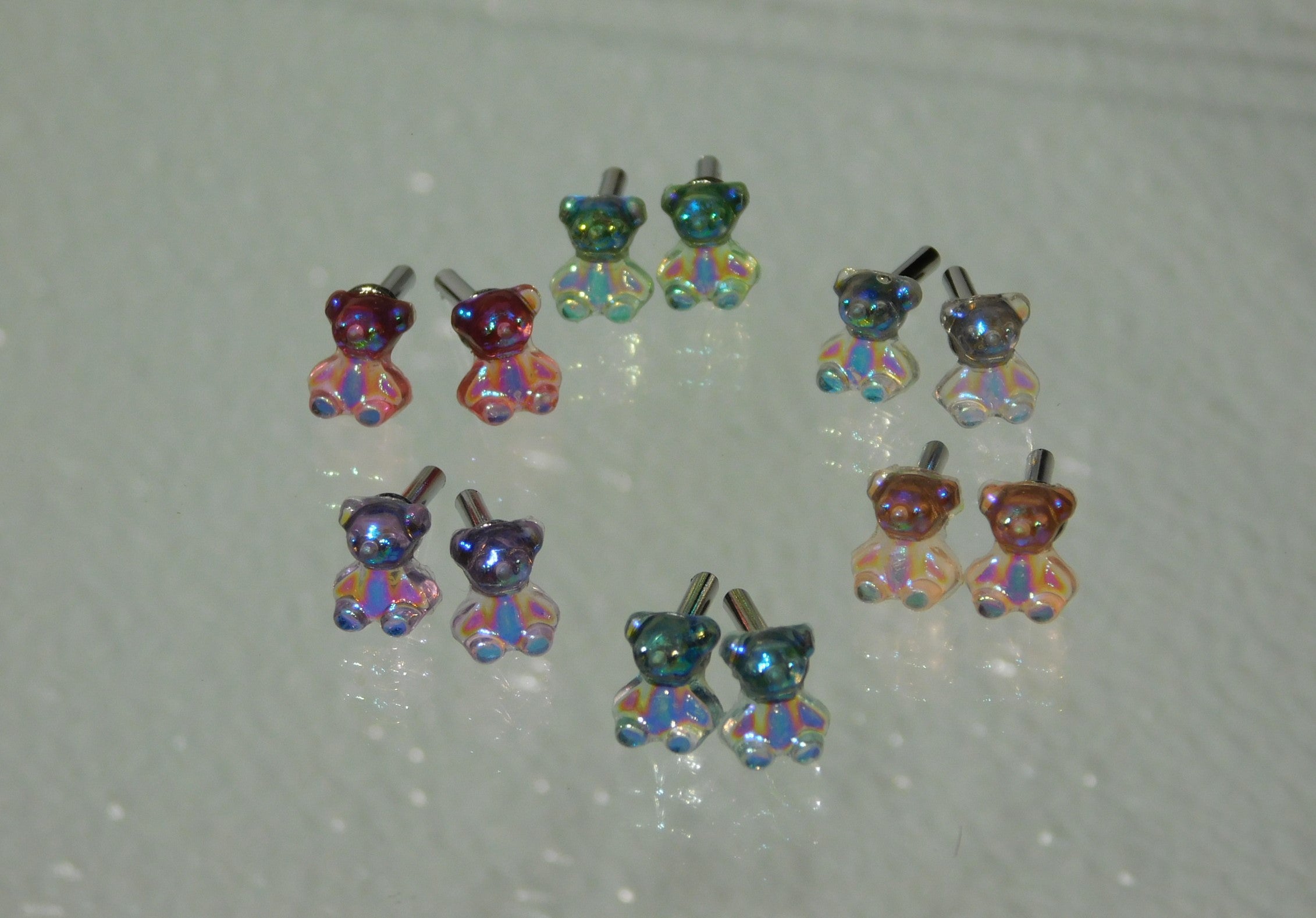 Bear Studs in six colors- light pink, light green, white, light orange, light blue and light purple