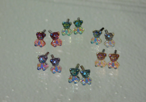 Bear stud earrings for 18 inch girl dolls in six colors - light pink, light green, white, light orange, light blue and light purple, American made | Purely Splendid