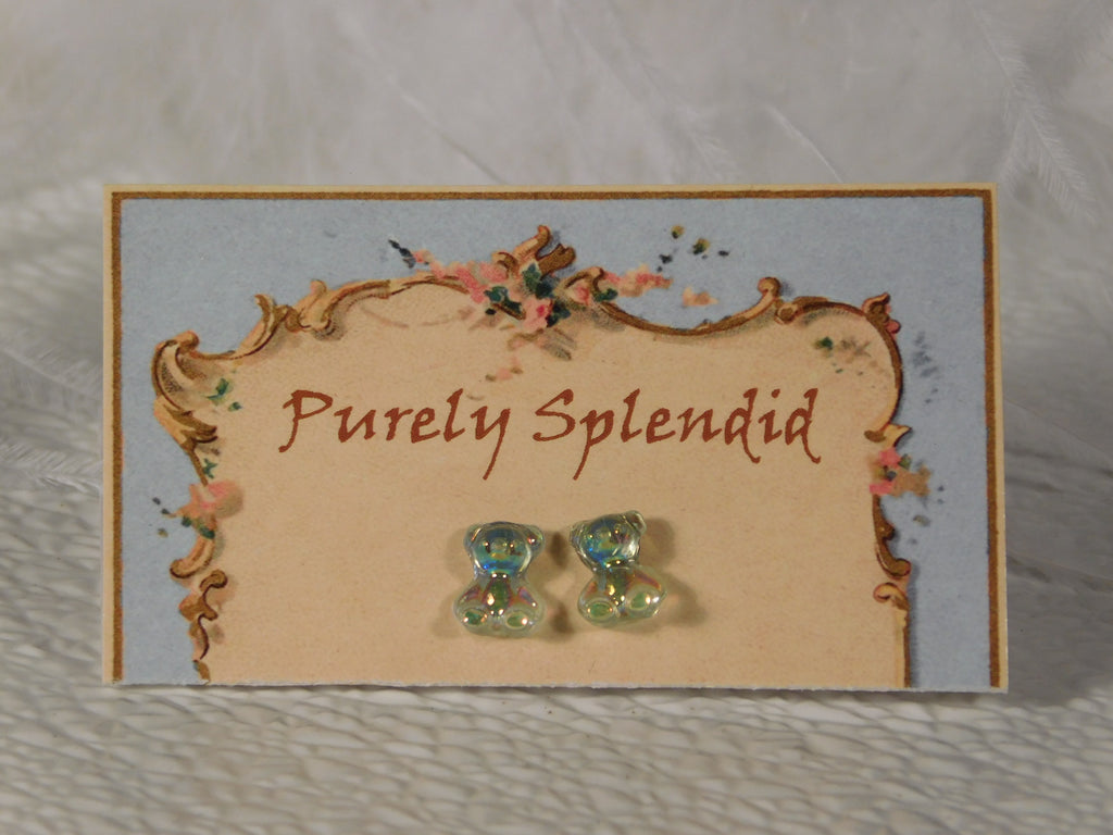 Light green bear stud earrings for 18 inch girl dolls with 2mm sized earring holes | Purely Splendid
