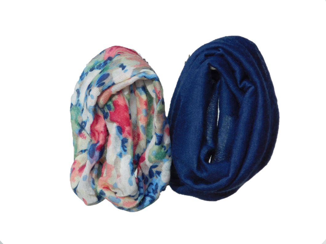 Dark Blue and White Floral Infinite Scarves shown on a white background