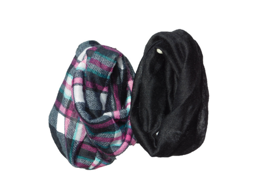 Black and Plaid Infinite Scarves shown on a white background