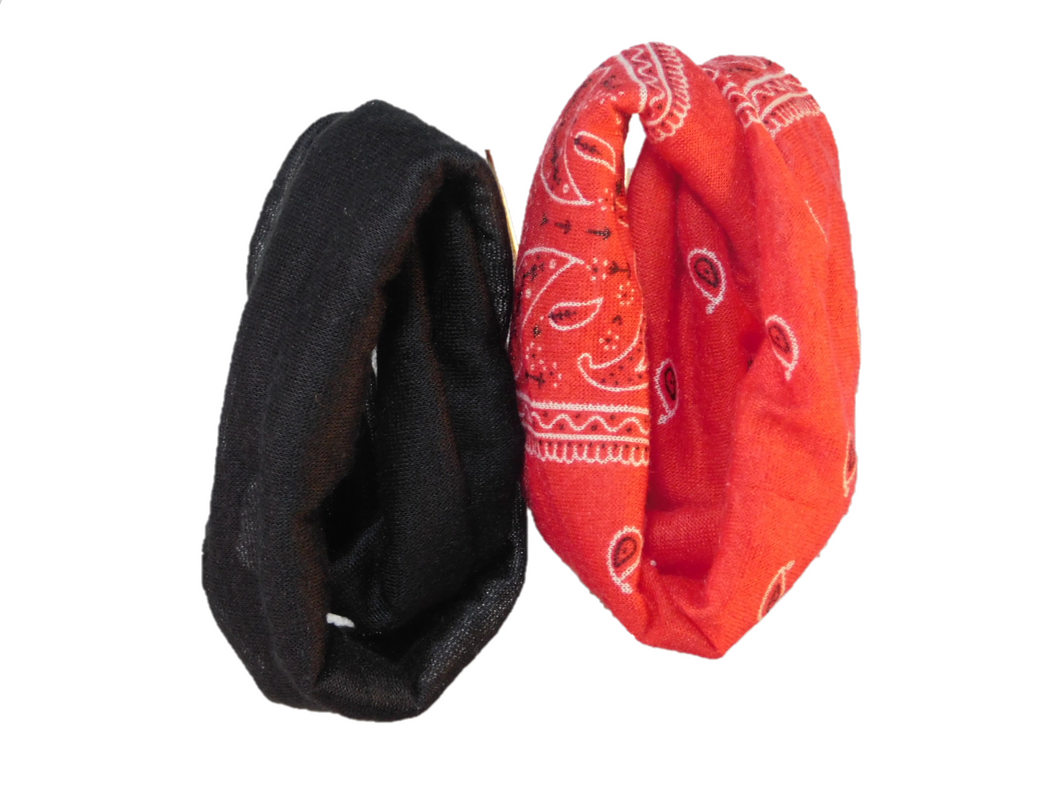 Red Bandana and Black Infinite Scarves shown on a white background