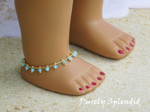 Blue boho ankle bracelet for 18 inch girl dolls with gold chain and delicate blue beads, magnetic clasp, American made | Purely Splendid
