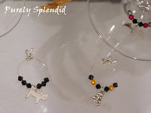 Load image into Gallery viewer, Cat charm with black crystal beads and skull with crossbones and orange and black crystal beads
