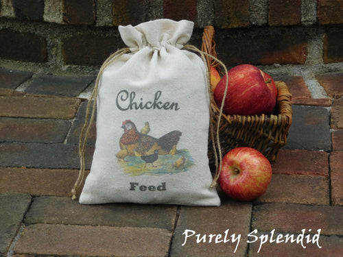 fabric gift bag with a vintage image of a Mother Hen sitting with her chicks and the words Chicken Feed. Bag is cinched closed and sitting in front of a basket of apples on a brick stelp