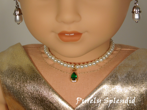 18 inch girl doll wearing pearl necklace with green pendant - elegant white pearl strand / Purely Splendid