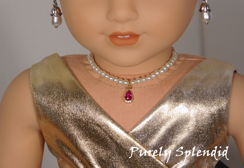Classic pearl necklace with pink pendant for 18 inch girl dolls - white pearls with sparkling center stone American made / Purely Splendid