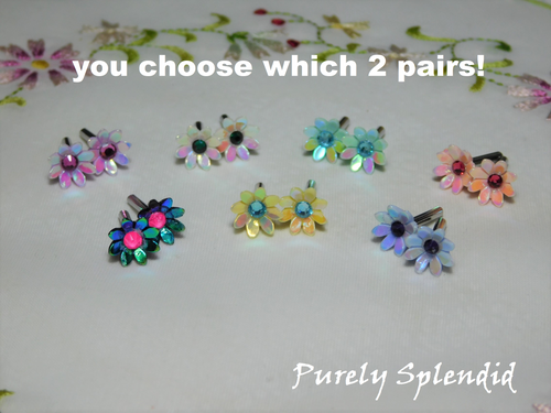 Colorful daisy 2mm stud earrings for 18 inch girl doll with iridescent oil slick shine - American made | Purely Splendid
