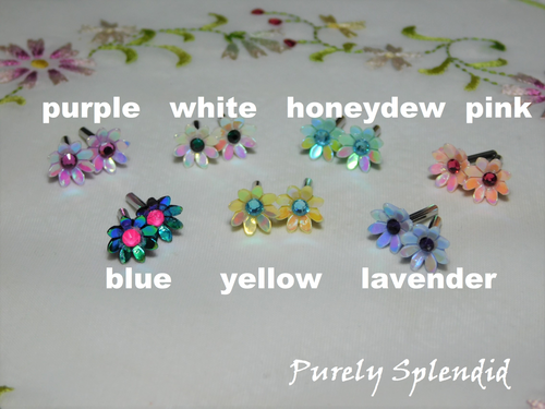 Colorful daisy stud earrings for 18 inch girl doll available in purple, white, honeydew, pink, blue, yellow and lavender American made | Purely Splendid