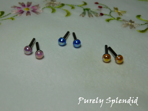 Colorful pearl 2mm stud earrings for 18 inch girl doll with iridescent oil slick finish - American made | Purely Splendid
