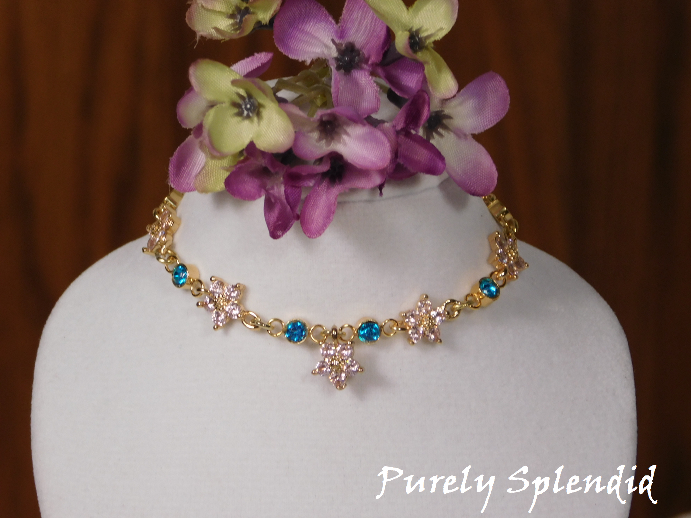 Sparkling Create Your Own Pink Flower and Azure Blue stone necklace