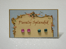 Load image into Gallery viewer, Crystal Peony Pink and Caribbean Sea Sparkling 2mm Stud Earrings shown on display card

