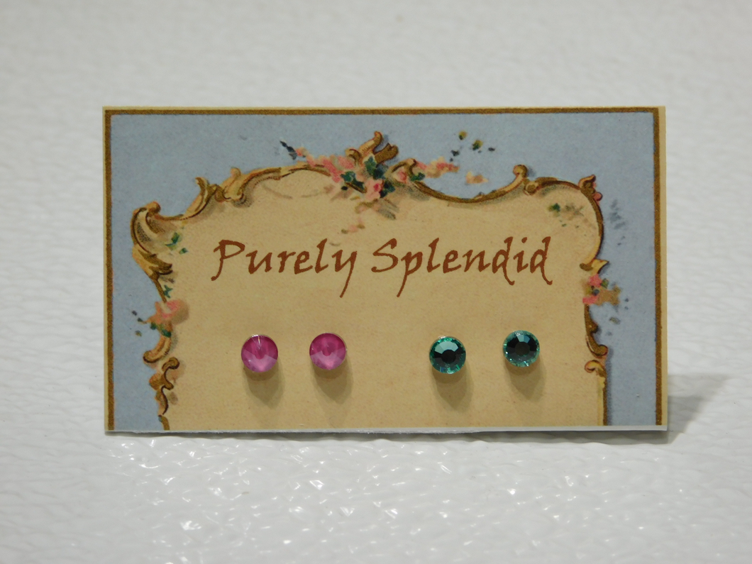 Crystal Peony Pink and Caribbean Sea Sparkling 2mm Stud Earrings shown on display card