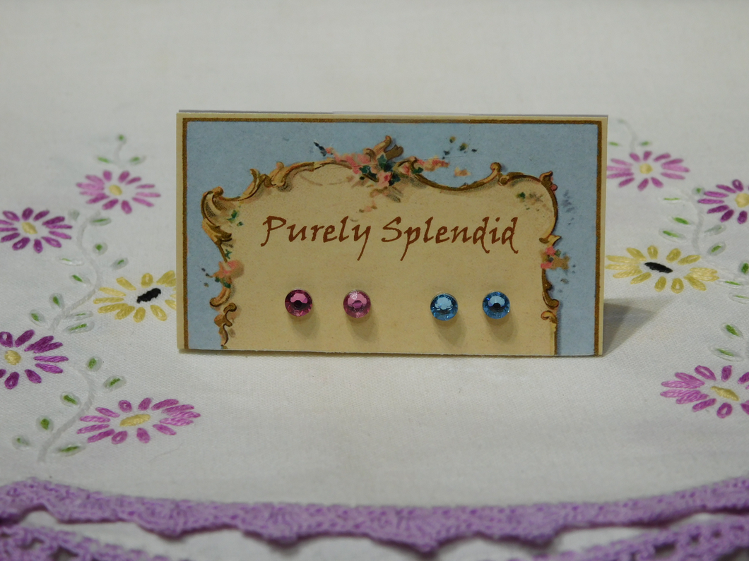Crystal Rose and Aquamarine Sparkling Crystal Studs shown on a Purely Splendid presentation card