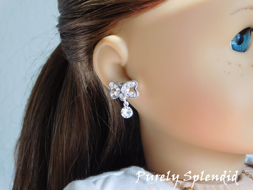 Crystal bow 2mm stud earrings with sparkling dangles for 18 inch girl doll - American made | Purely Splendid
