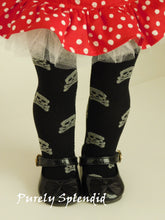 Load image into Gallery viewer, 18 inch doll wearing a short red skirt with a pair of Skull Tights and black shoes
