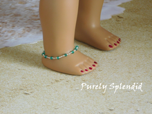 Load image into Gallery viewer, Dainty Ankle Bracelet in Sea Green shown on an 18 inch doll who has an 4 3/8&quot; ankle
