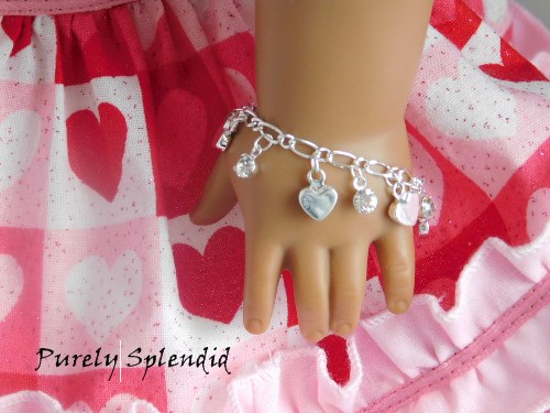 Heart Charm Bracelet shown on an 18 inch doll who has a 3 1/4